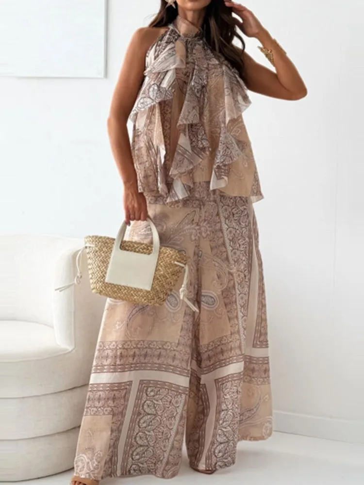 

New Summer Fashion Print Halter Neck Sleeveless Top Wide-leg Pant Two-piece Set Women's Clothing Casual Woman 2 Piece Set Outfit