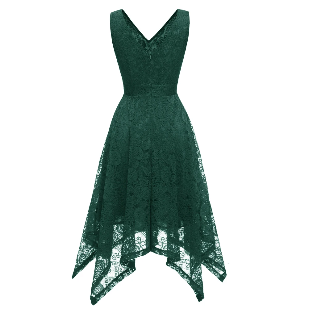 Women Elegant V Neck Floral Lace Sleeveless Asymmetrical Hem Cocktail Party Swing A Line Dress