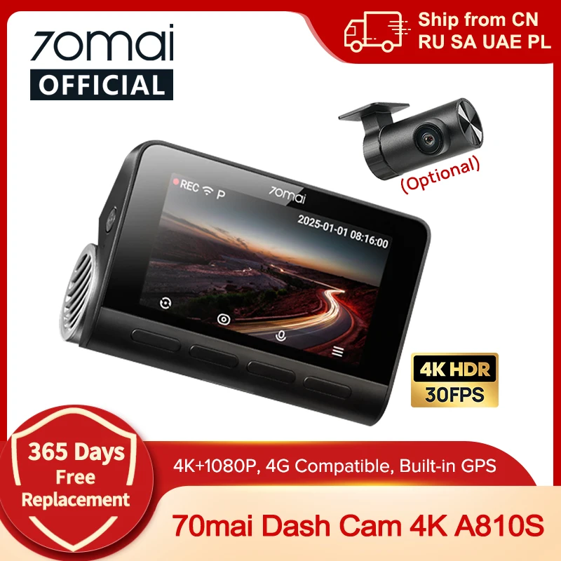 70mai Dash Cam A810S Front 4K Rear 1080P Support 4G Module GPS & ADAS Night Vision Supercapacitor Car DVR 70mai A810S