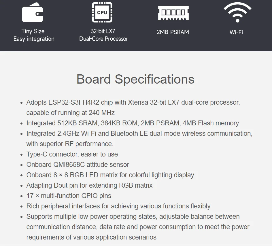 ESP32-S3-Matrix-Entwicklungsboard, integrierte 8×8 RGB-LED-Matrix und QMI8658C-Lagesensor, unterstützt Wi-Fi und Bluetooth LE – Detail 5