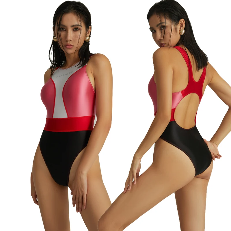 

silky glossy swimsuit contrast color sexy glossy oily tight elastic silky one-piece swimsuit women hot spring Shaping swimsui