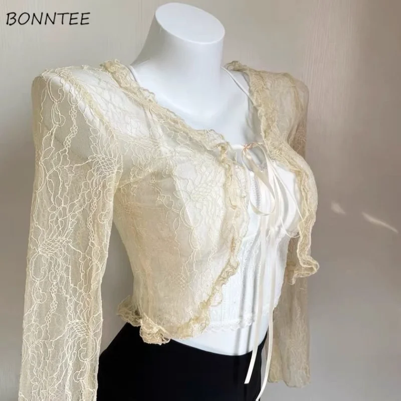 Shirts Frauen Spitze Neue Sommer Sonnencreme Französisch Stil Cropped Entwickelt Süße Sanfte Elegante Büro Dame Sexy Beliebte Chic Vintage