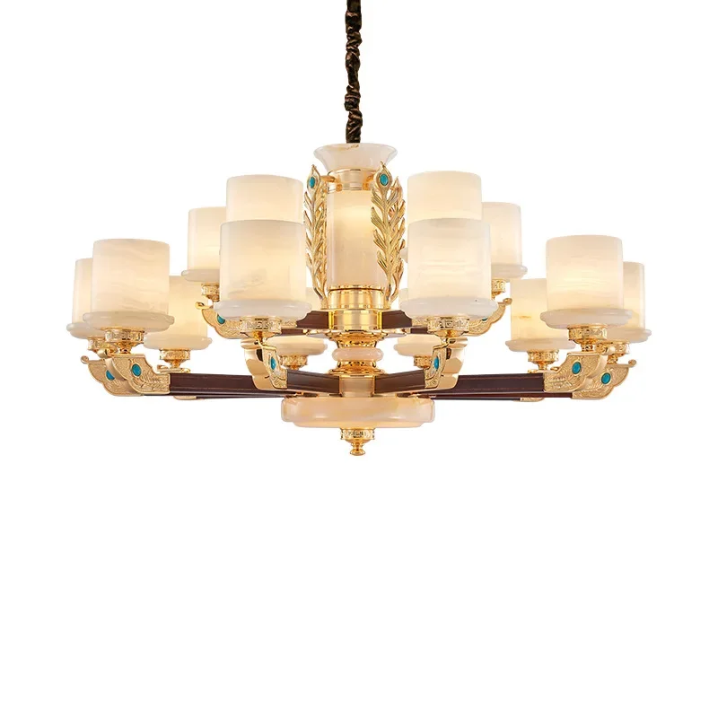 

New Chinese style, brass and jade chandelier, retro villa living room lamp, home improvement mansion hall, all copper marble