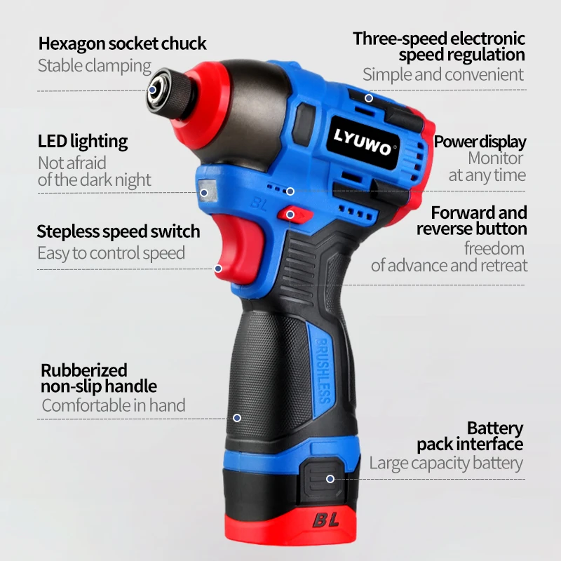 LYUWO 16V Electric Drill Screwdriver 160N.m Impact Driver Cordless Drill Household Multifunction Hit Power Tools