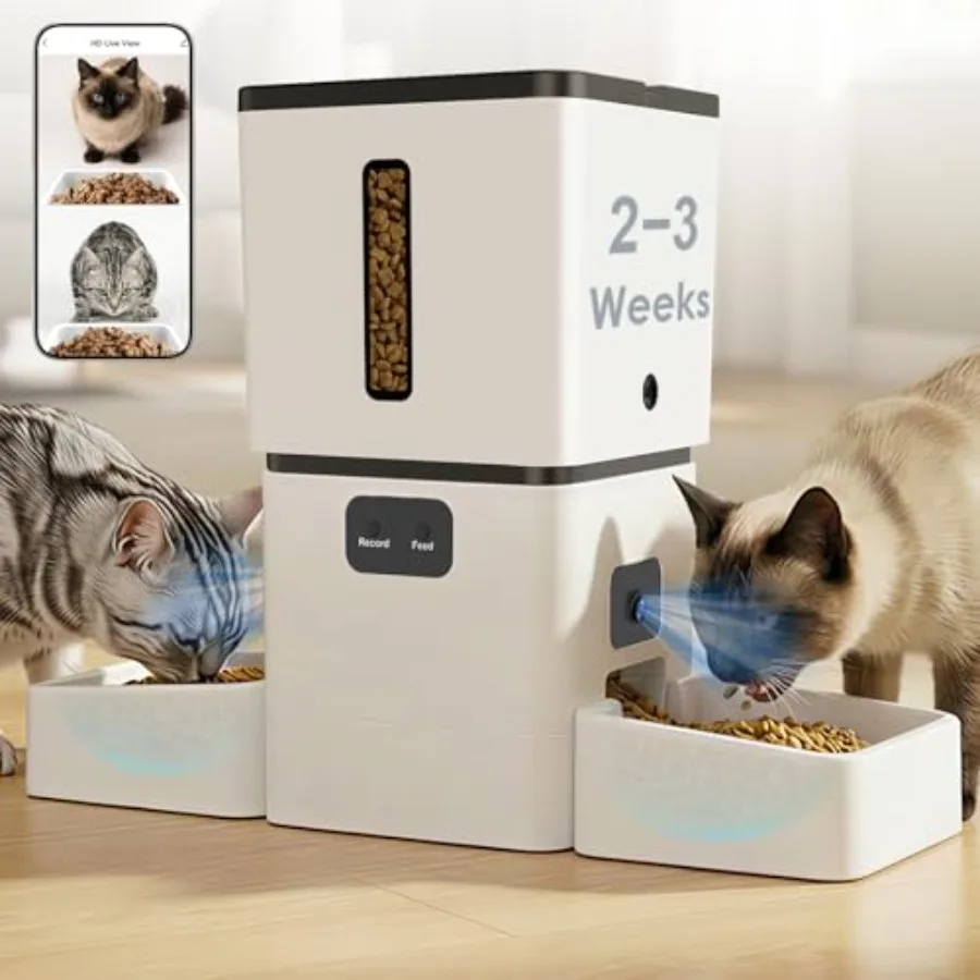 Indoor automatic cat feeder for 2 cats with dual HD cameras, 5GHz WiFi, night vision, 8L ccity, dual bowls, white plastic housi