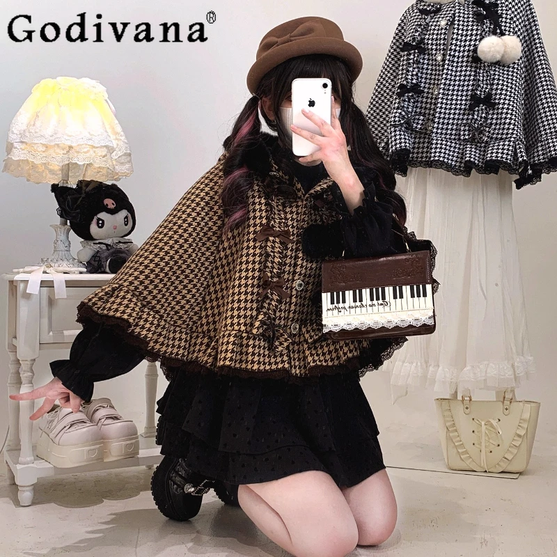 

Japanese New Mine Sweet Lolita Plaid Hooded Cloak Winter Women's Sweet Bow Single-Breasted Warm Capes Ponchos Y2K Short Jacket