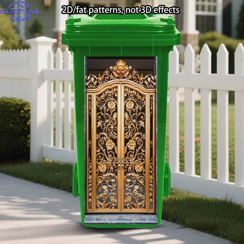 Pegatina decorativa para bote de basura con diseño de puertas doradas, pegatinas con patina real, calcomanía floral ornamentada para bote de basura, póster elegante y intrincado para