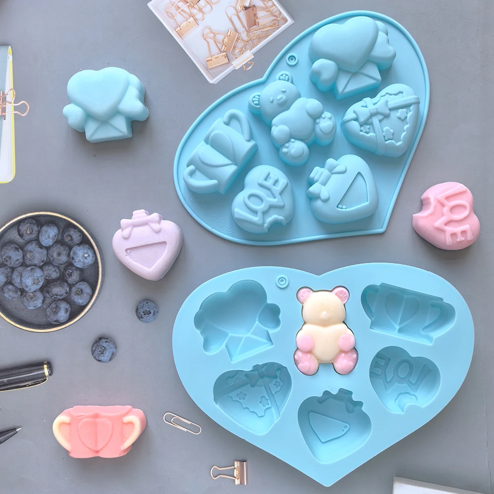 1pc Valentine\'s Day Theme Chocolate Silicone DIY Soft Candy Mold Bear Shape Baking Resin Soap Wax Melting Ice Jelly Mold