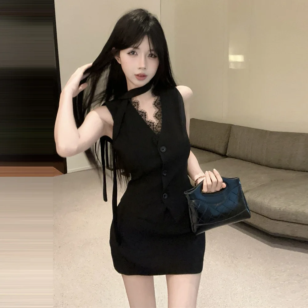 

Elegant Lace Sash Vest Top A-Line Skirt Set Women's Fashion Spring Collection 2026 Sexy Style Adult Size