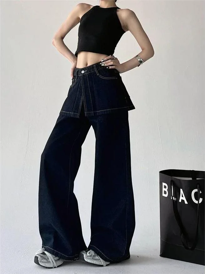 American Retro Patchwork High Waist Wide Leg Jeans Women's Autumn New Style Slimming Straight Cut Denim Pants Casual Wear