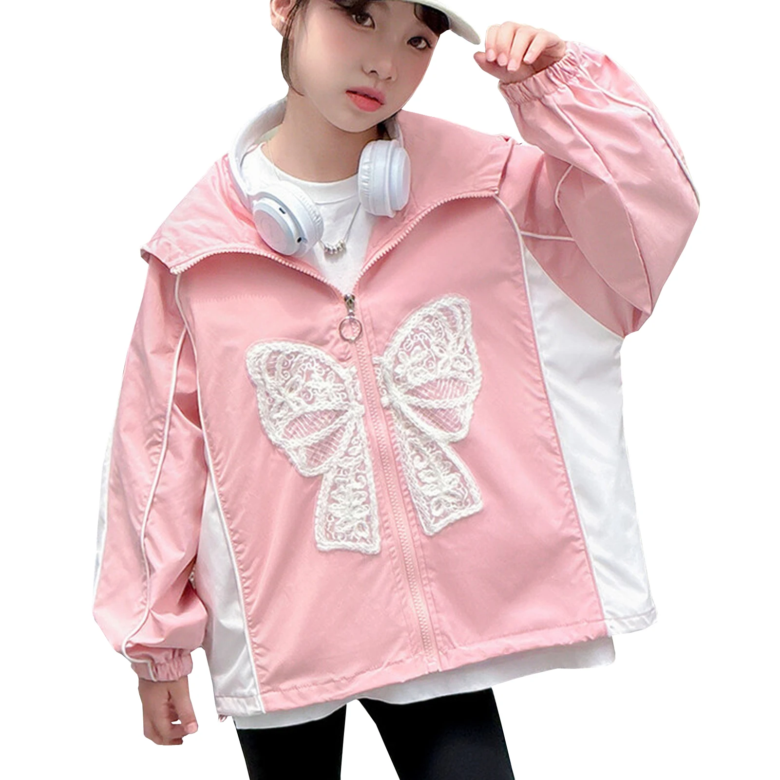 Girls Trench Jacket Lace Bow Hood Long Sleeve Lightweight Children's Spring Autumn Windbreaker Patchwork Kids Raincoat Outfits