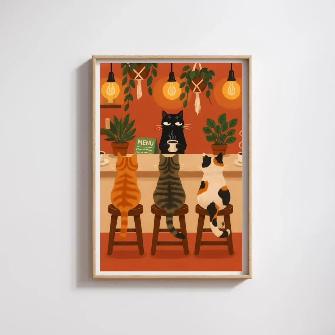 2026 Whimsical Cat Cafe Illustration Poster Retro Kitchen Wall Art With Tabby Calico, And Black Barista Cats High Resolution Dig