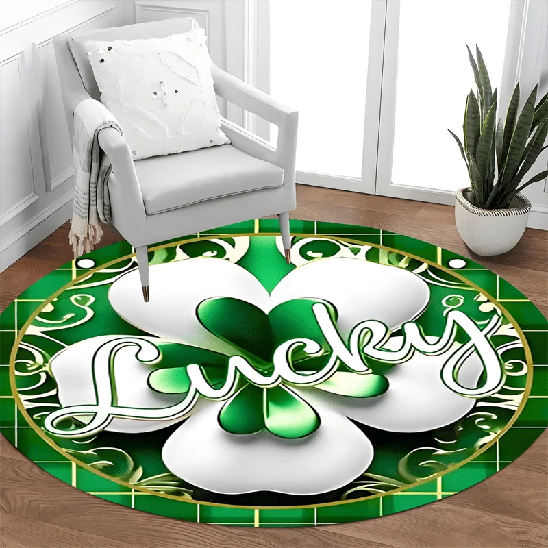 2D Lucky Four Leaf Clover Round Rug Green Plaid St Patrick's Day Circular Mat Non Slip Lucky Theme Bedroom Chair Decor Carpet