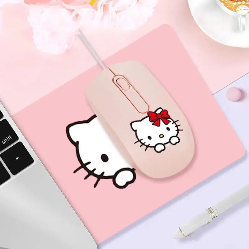 Sanrio Hello Kitty Mouse Pink Kawaii Hello Kitty Wired Mouse Girls Laptop Computer Usb Wired-Mouse Cartoon Anime Office Supplies