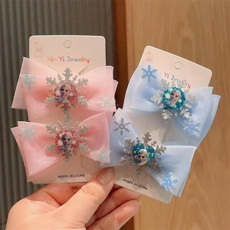 

2Pcs Toddler Girls Kawaii Frozen Elsa Hairclip Princess Girl Bow tie ribbon Hair Clips Hair accessories Children Girl Party Gift