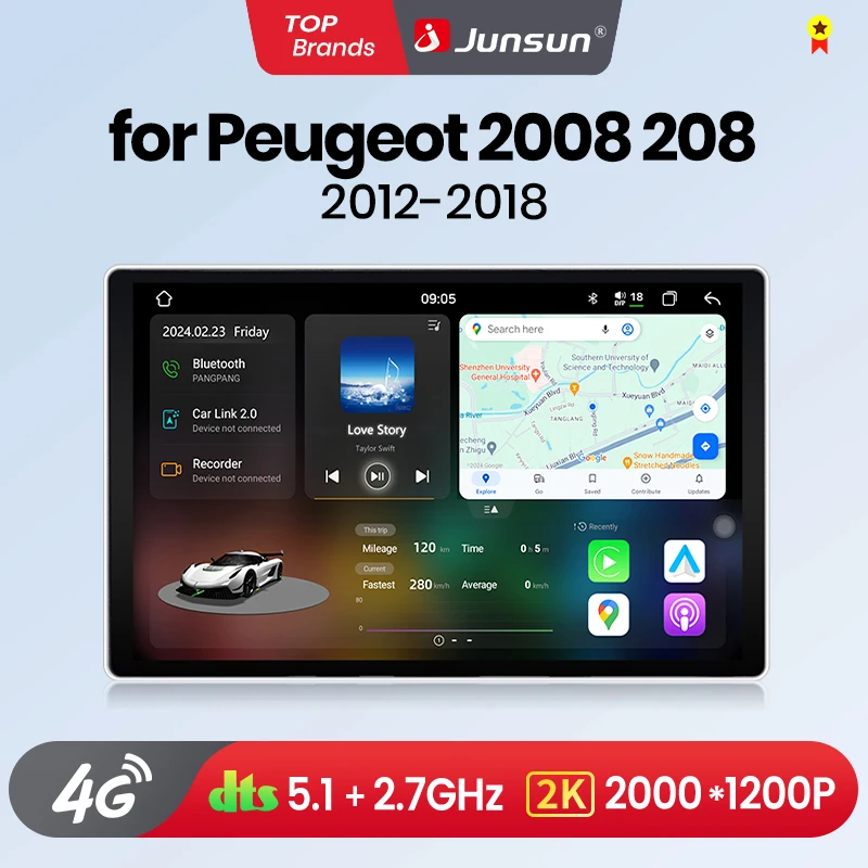 Junsun-V3 Plus 2K Wireless CarPlay Android Auto Car Intelligent System, Autoradio pour KIT 2008, 208, 2012 - 2018