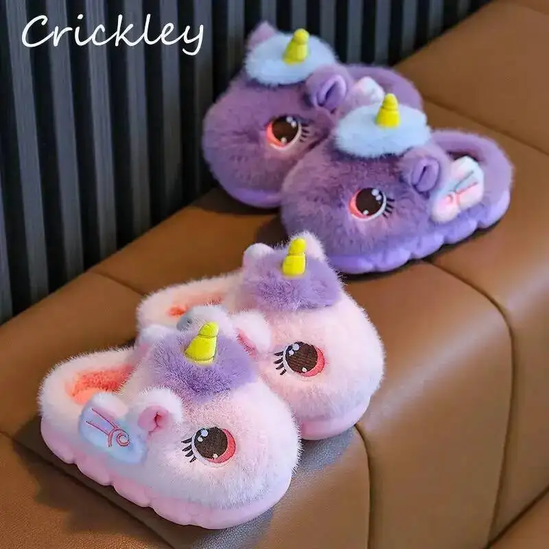

Winter Unicorn Wings Girls Slippers Plush Warm Soft Bottom Children Cotton Shoes Furry Floor Toddler Kids Indoor Slippers