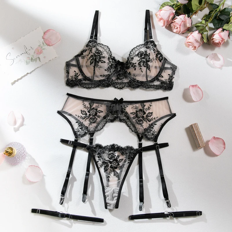 Sexy bikini with mesh embroidery, hollowed-out floral design, and see-through allure swimsuit set