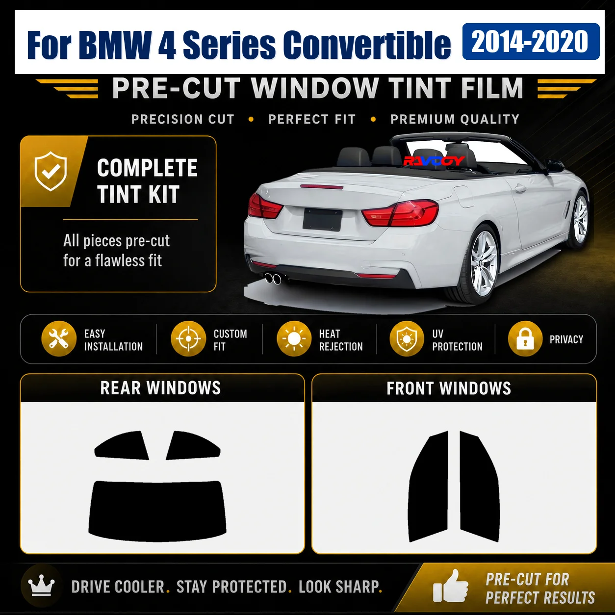 For BMW 4 Series Convertible 2014-2020 Premium Front Window Rear Window Privacy Tint Film Precut Glass Kit
