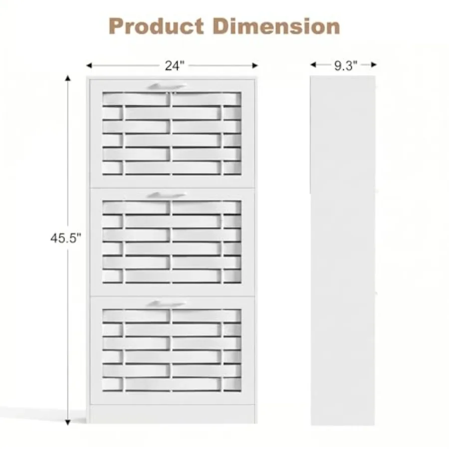 Entryway shoe cabinet storage with 3 flip drawers, engineered wood, matte white, space-saving vertical design