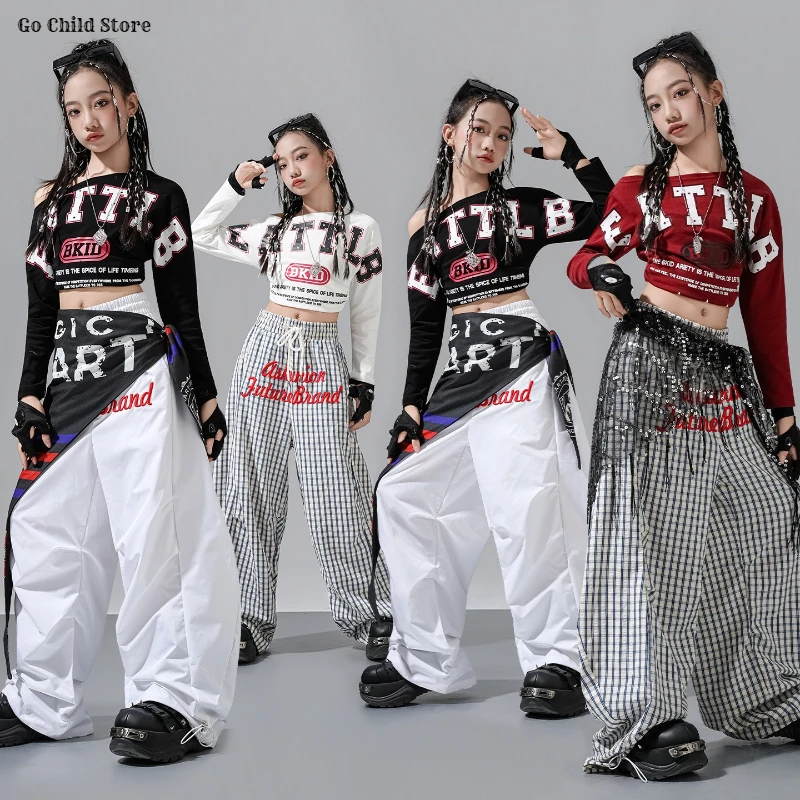 Girls K-pop Fashion Off Shoulder Crop Top Cargo Pants Dance Shorts Kids Hip Hop Streetwear Children Jazz Girl Group Clothes Sets