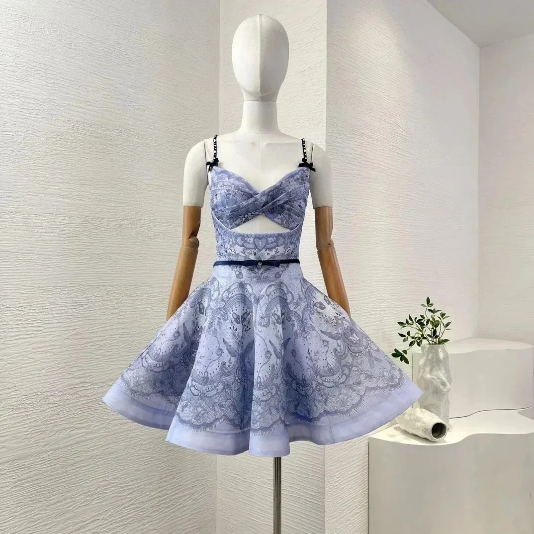 Linho de seda feminino cintura espaguete estilo romântico corte vestido roxo violeta sem alças mini vestidos para o verão estampa floral