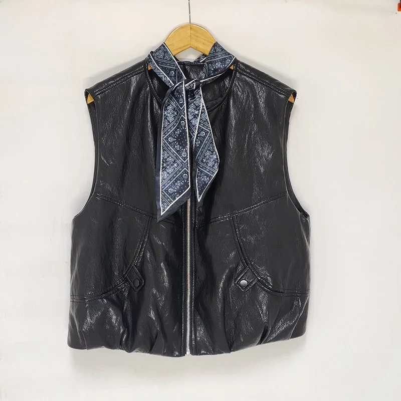 

Faionable PU Leather Vest Women's round Ne Svel oulder Pad Spring 2026 Sle Polyester Blend Comfortable Fit