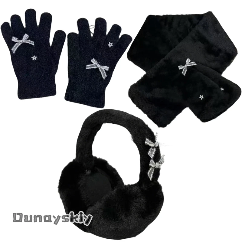 Jirai Kei Japanisches Mädchen-Cosplay-Kostüm Schwarze Plüsch-Ohrenschützer Handschuhe Schals Requisiten Subkulturelles Spitzen-Winter-Accessoire Halloween