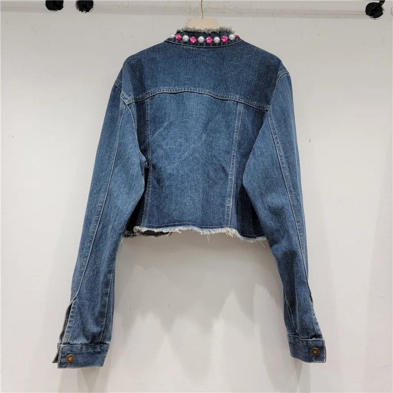 Manual Pearl Beading Blue Short Jeans Jacket Fashion Frayed Burrs Stand Collar Single-breasted Long Sleeve Female Jeans Jacket