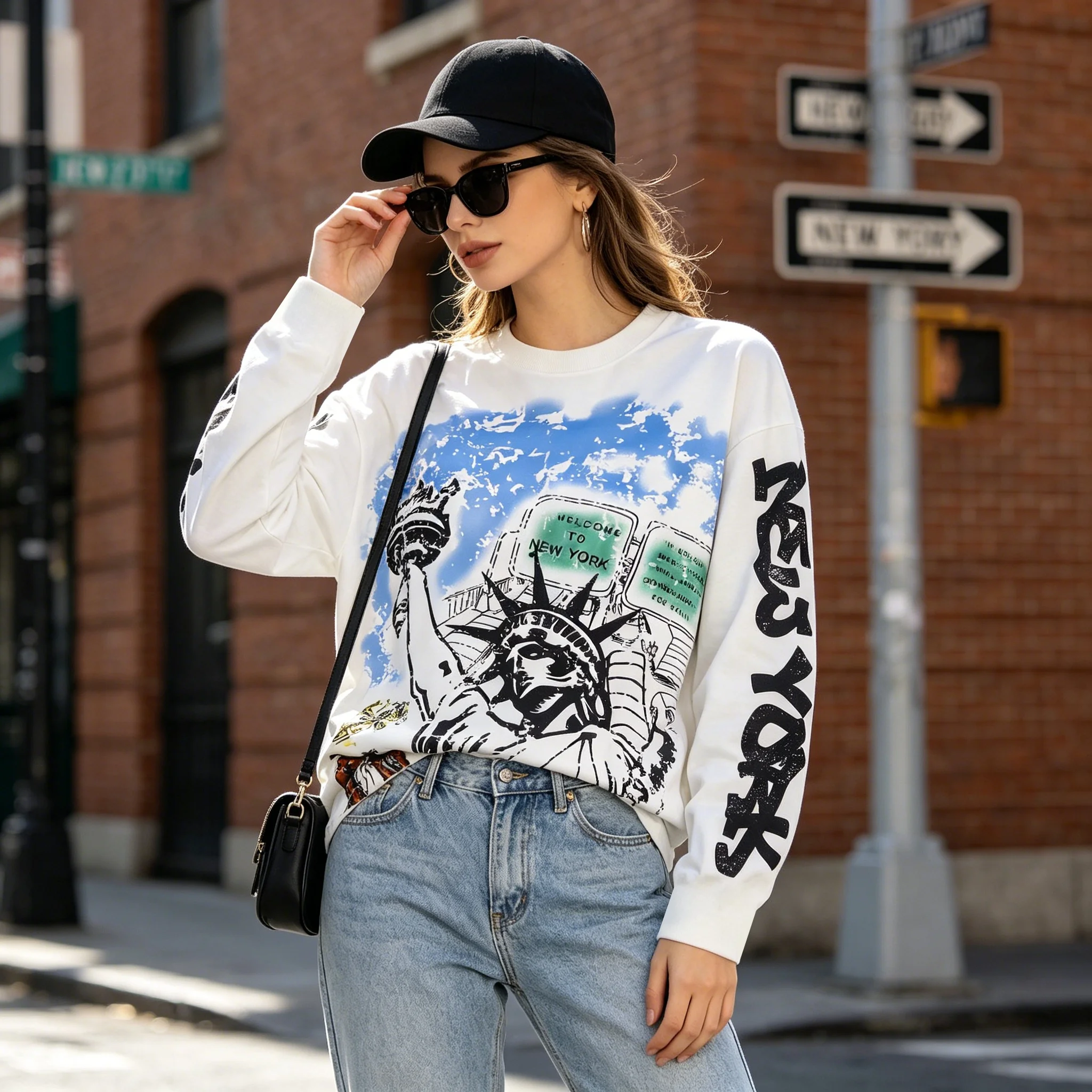 Women Summer T Shirt New York City Landmark Graphic Letter Print Round Neck Long Sleeve Trendy Top Y2K Street Daily Wear
