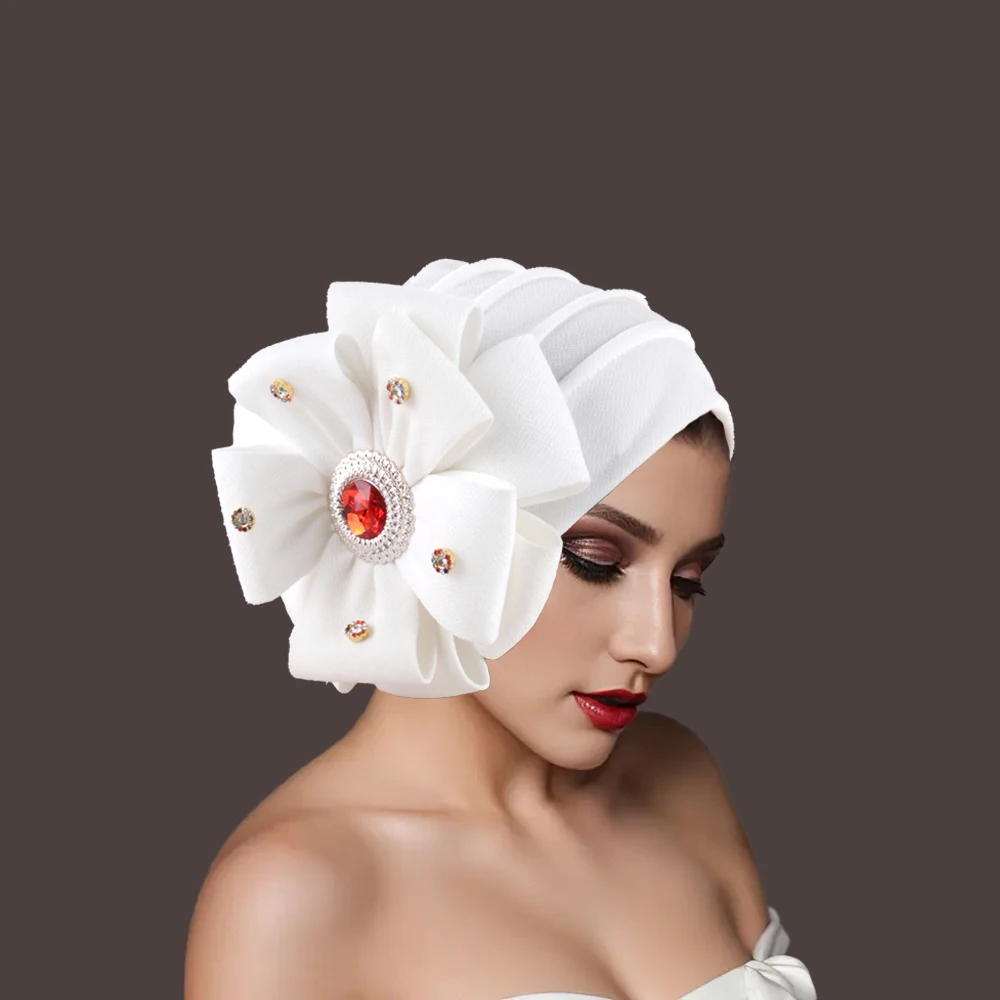 

Big Flower Turban Cap Hijab for African Women Auto Gele Headties Head Wraps Diamonds Bonnet Headscarf Muslim Wedding Hats Mujer