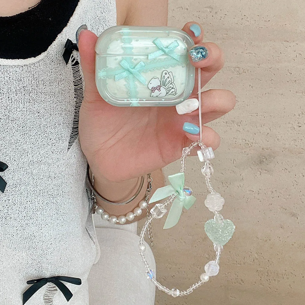 เคสหูฟังประดับคริสตัลรูปแมวดอกไม้ลูกไม้สีเขียวน่ารักสำหรับ Apple airpods 4 1 3 Pro 2ฝาครอบกล่องชาร์จบลูทูธไร้สาย