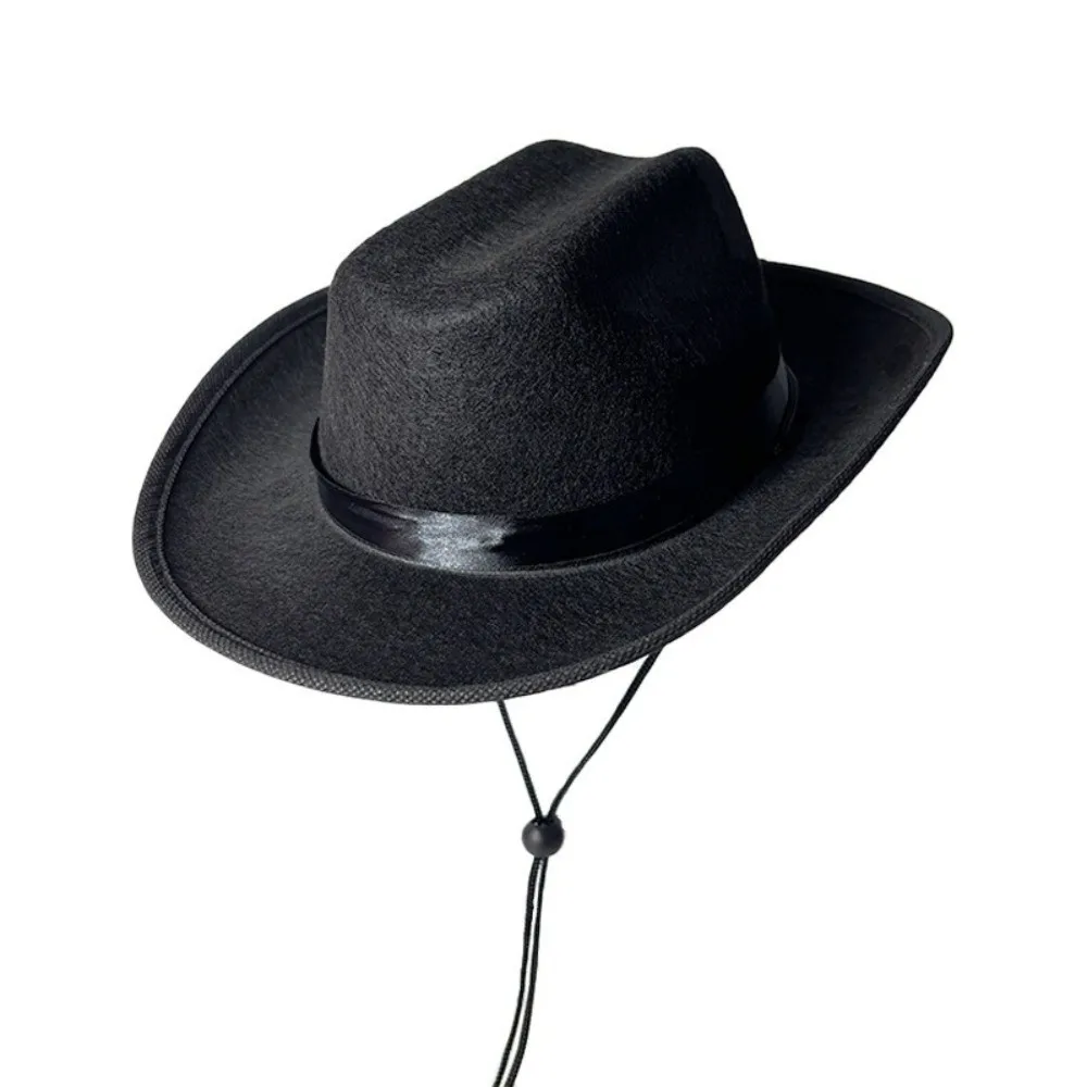 Solid Color Kids Cowboy Hat Breathable Wide Brim Western Cowgirl Hat Non-woven with Windproof Rope
