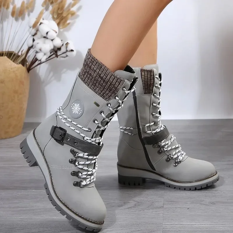 2024 Winter New Outdoor Shoes for Woman Side Zip Mid-Calf Boots Square Heel Casual Women Med Heel Ladies Round Head Plus Size 43