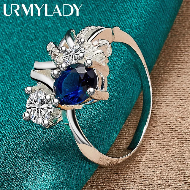 URMYLADY 925 Sterling Silver Blue Zircon Geometry 7-10 #   Pierścionek dla kobiet Wedding Party Fashion Charm Biżuteria