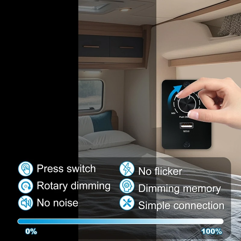 DC 12-24 V LED Dimmer PWM Dimmer Switch, 5 A 3 Wire Dimmer For LED Bulbs With USB Fast Charging QC 3.0 For RV,Boat,Truck