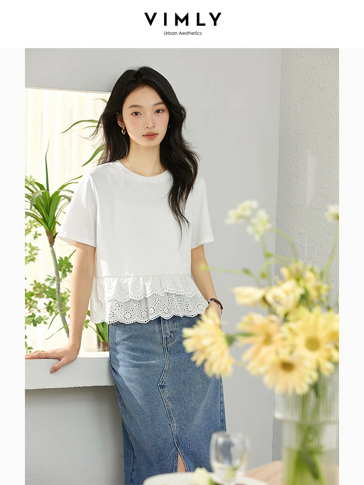 

VIMLY White 100% Cotton T-shirt 2025 Summer Women's Elegant Lace Splicing Hem Crew Neck Casual Knitted Short Sleeve Tops A1962