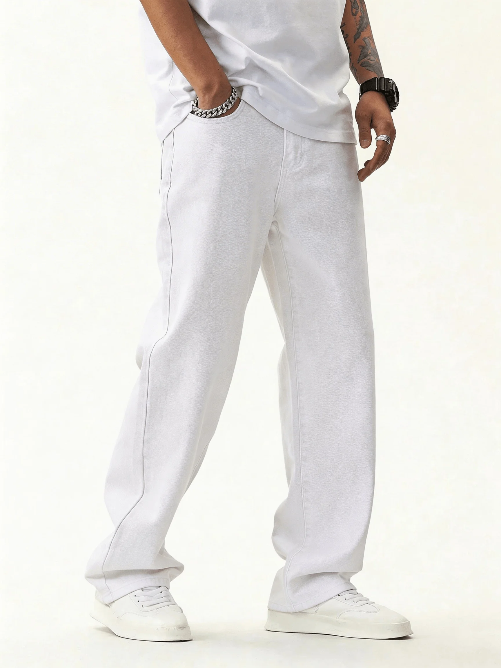 American High-Street White Loose-Fitting Men Jeans,Men Trendy Baggy Wide Long Pants Stylish And Versatile Minimalist Trousers view 4