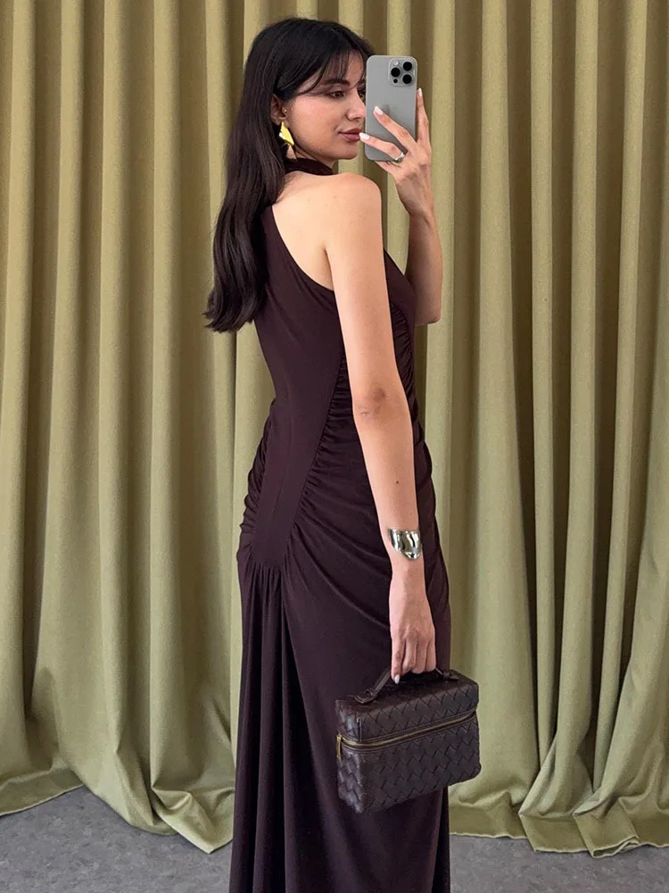 Women Ruched Turtleneck Sleeveless High Waist Fashion Patchwork Club Party Dress Elegant Off-shoulder Sexy Maxi Dress