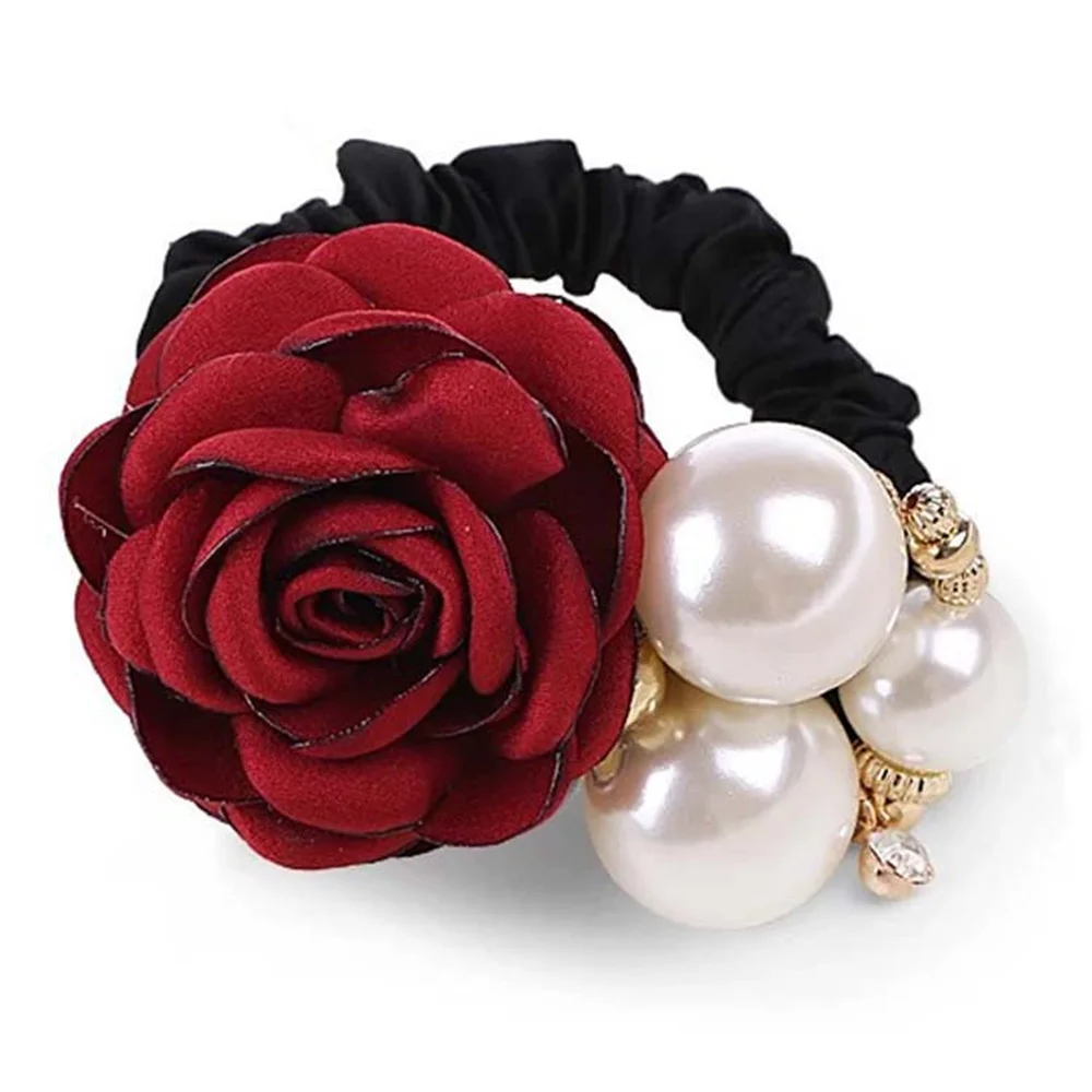 1PC Fashion Style Big Rose Flower Hair Bands Pearl Rhinestone Elastic Hair Rope For Women Girls Rubber Ring Hair Accessories