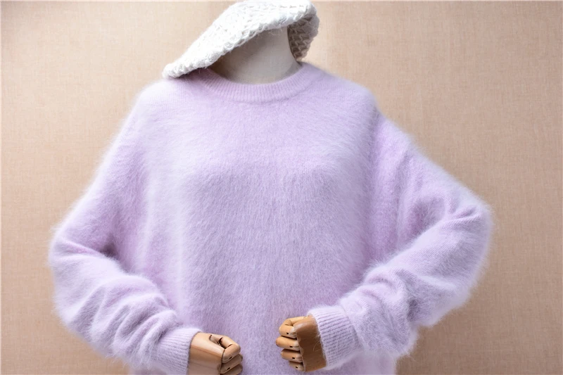 Women Mujer Autumn Winter Clothing Hairy Angora Rabbit Hair Knitted Lazy Oaf O-Neck Long Batwing Sleeves Loose Pullover Sweater