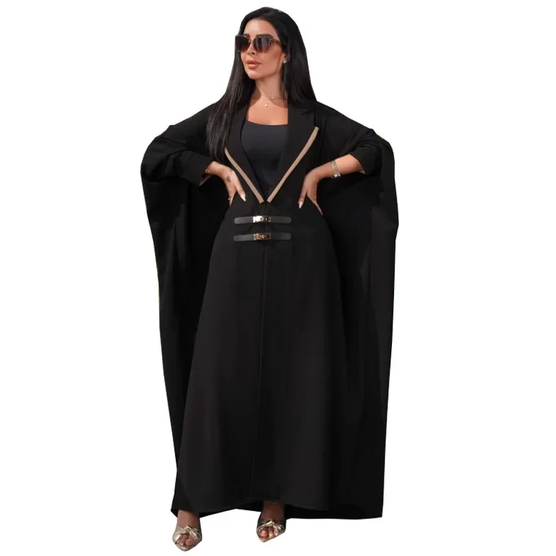 

PU Leather Buckle Abaya Middle East Ashion Cardigan Turkey Bat Sleeve Outer Wear Robe Dress Abaya