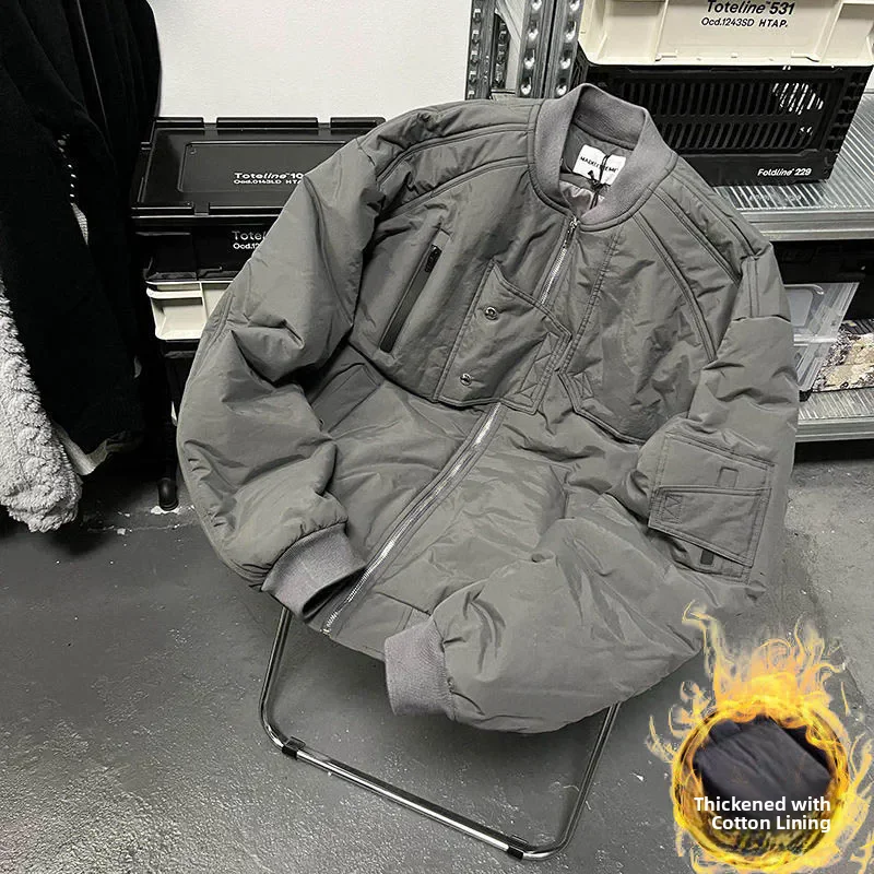 

Утепленная хлопковая куртка для мужчин: зимняя рабочая одежда в стиле пилот, с бейсбольной строчкой, полиэстеровым наполнителем, длинными рукавами и застежкой-молнией