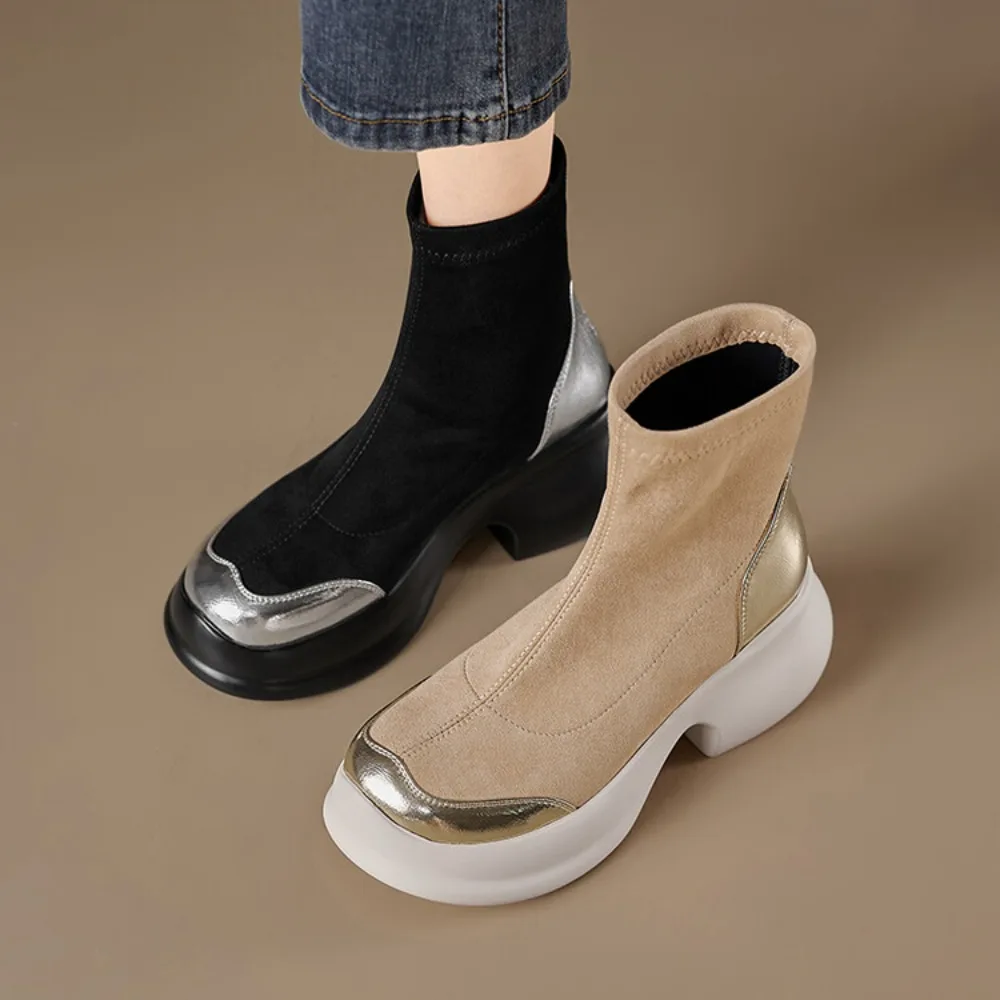INS Suede Round Toe Thick Soled Wedges Ankle Boots Stretch Women Warm Shoes Winter Slip On Platform High Heels Short Boots image 2