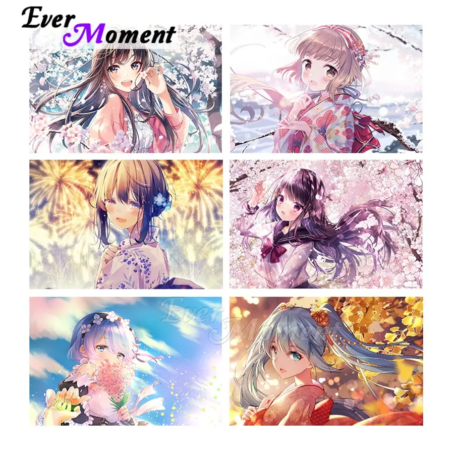 Ever Moment Diamond Painting Set For Embroidery Cross Japan Anime Girl Full Square Resin Drill Home Wall Art Décor Gift ASF2393