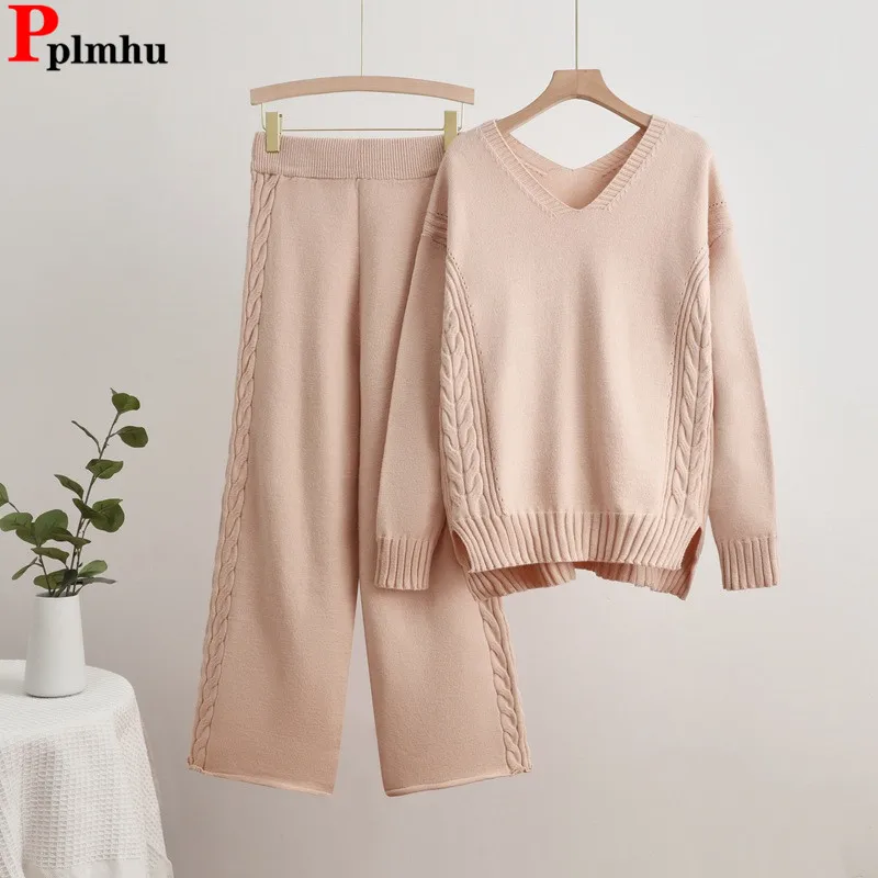 Set 2 potong rajutan polos kasual wanita Sweater lengan panjang leher-v atasan Pullover conjunto celana kaki lebar pinggang tinggi pakaian baru