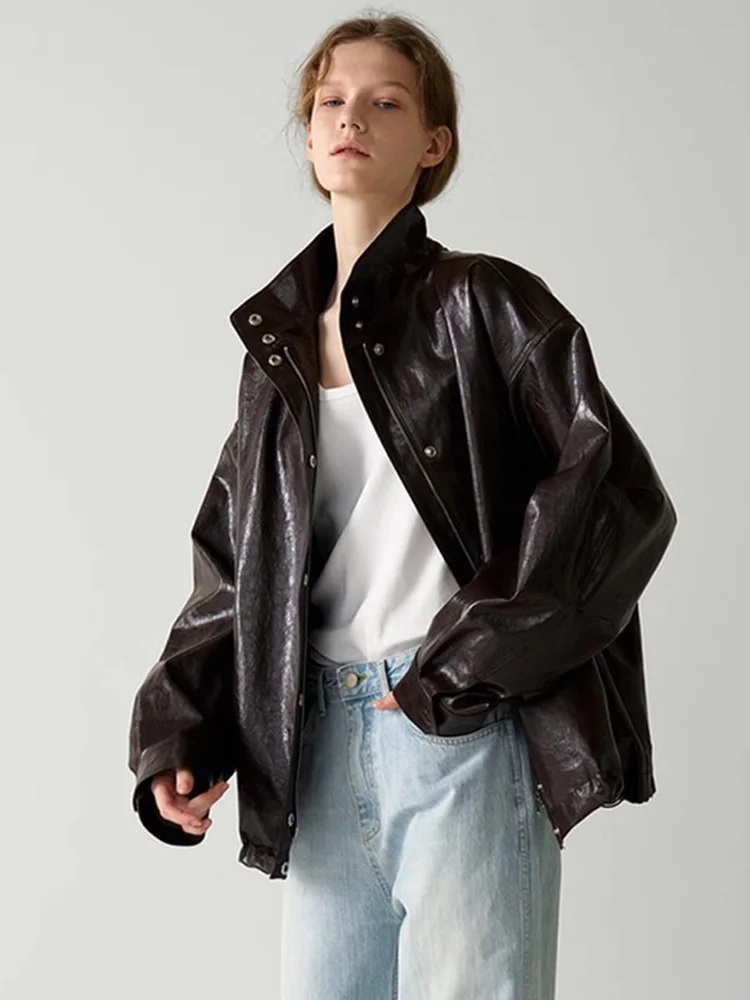 女性の春秋オートバイスタイルジャケットアウタールーズフィット長袖ジッパー開閉スタンドカラーレザーコート