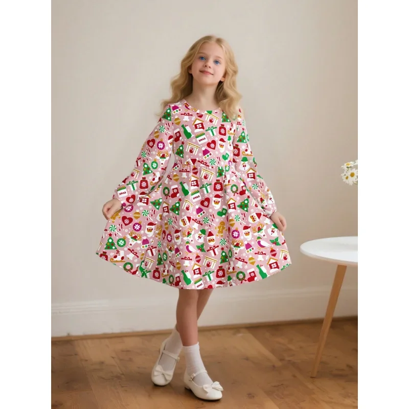 

Girls' Cute Christmas Print Long Sleeve Dress Holiday Party Dress for Kids 2026