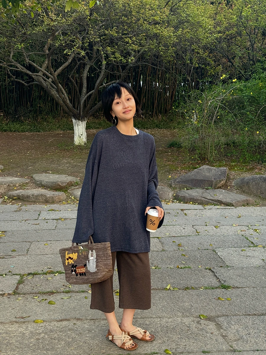 

Owish Cotton Blend Color-Knitted Floral Thread Elastic Waist Drawstring Slimming High-Waisted Stitched Straight Leg Pants