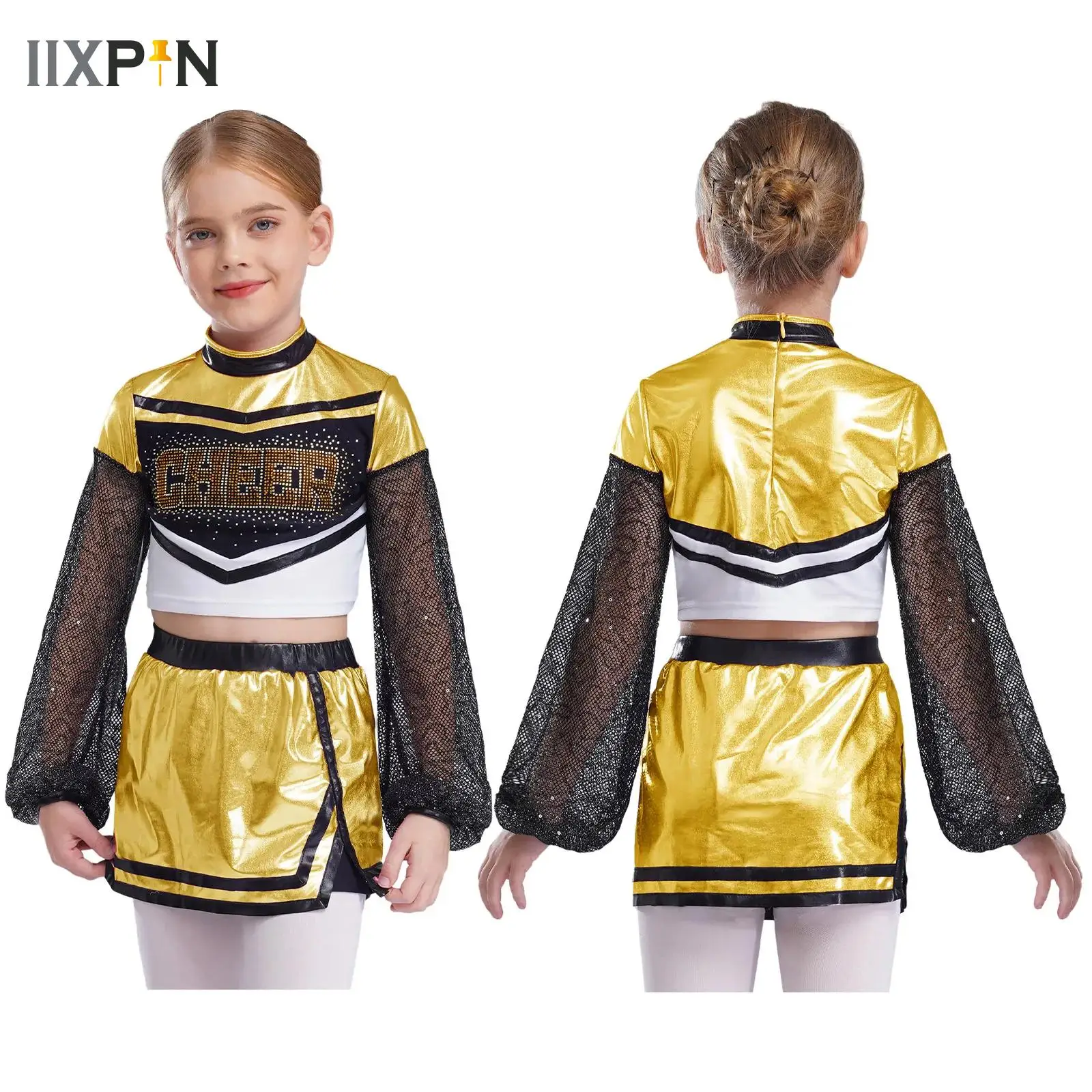 

Girls Cheerleading Outfits Halloween Fancy Dress Up Cheer Leader Costume Long Sleeve Dance Crop Top+Skirted Shorts Dancewear Set